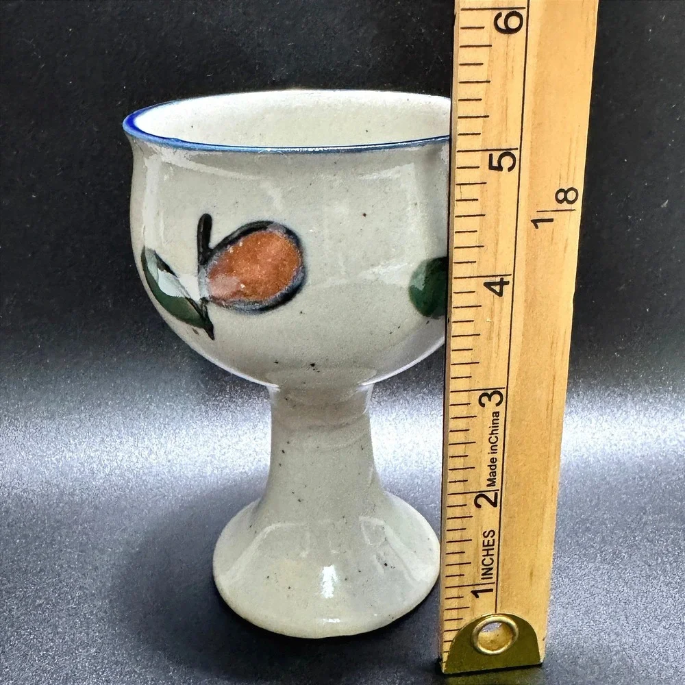Vintage Pottery Goblet Hand Painted Fruit Speckle Glaze Cobalt Blue Rim Folk Art